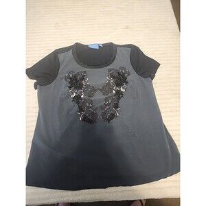 Simply Vera Vera Wang Black and Grey Embroidered Short Sleeve Blouse Size Large